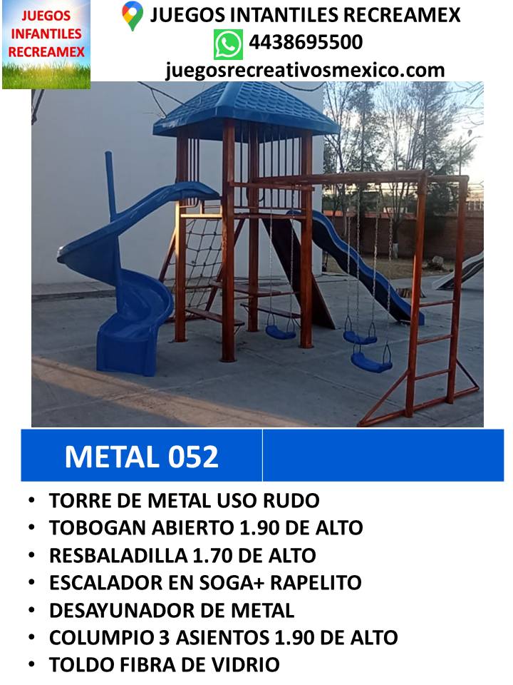 modulo de metal con columpios, resbaladilla, tobogan, escalador en soga, rapelito
